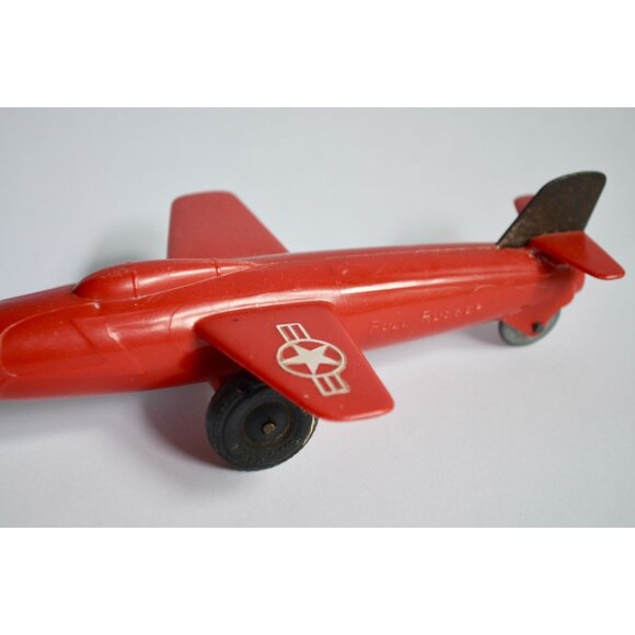 Vintage Marx Toy Pull Rudder Airplane Bell X-1 Experimental Jet Red - Picture 2 of 7